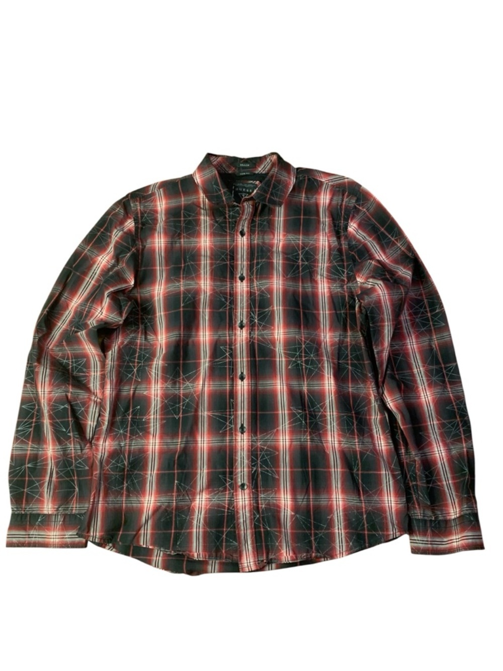 GUESS Dillon Slim Fit Plaid Shirt - Red & Black Geometric Star Pattern - Medium